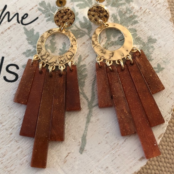 Handmade Gold Hammered and Sparkling Amber Drop Earrings - Picture 2 of 2